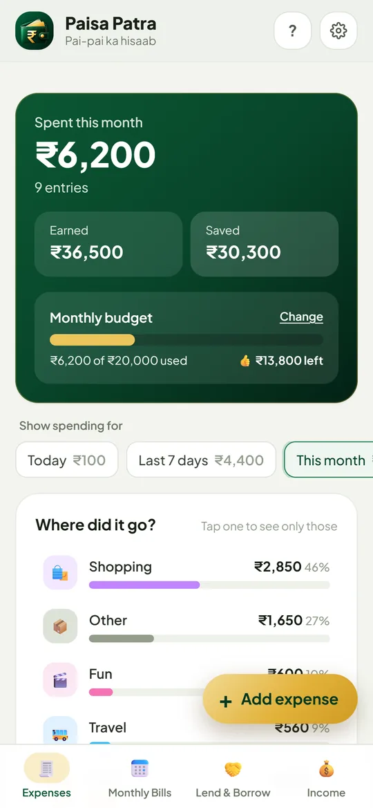 Paisa Patra app home screen